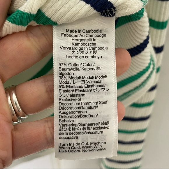 J Crew Women Vintage Rib Green Ivory Striped Turtleneck Gold Buttons XS 644 - Picture 4 of 8